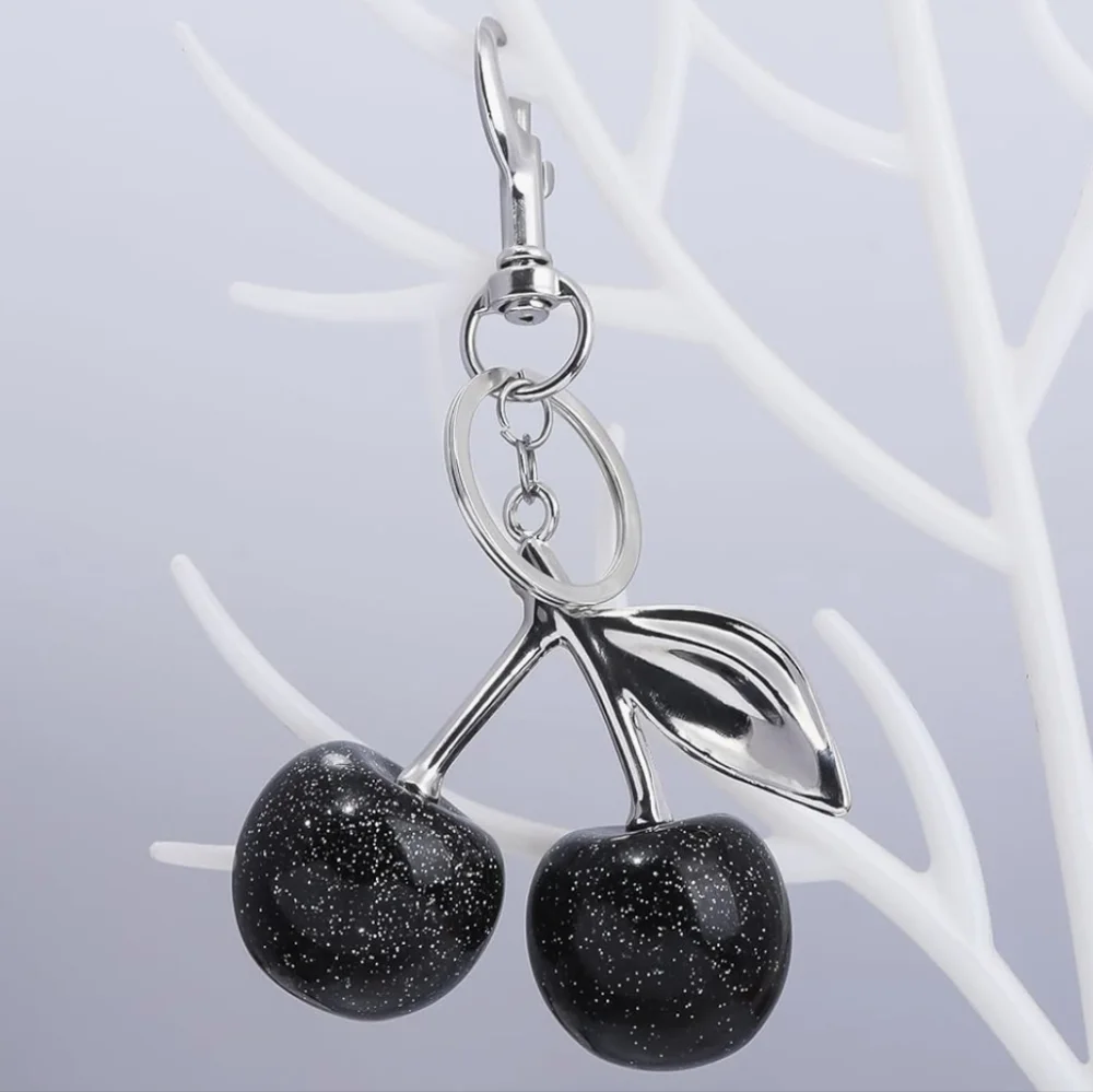 Glitter Cherries Large Black Silver Bag Charm Keychain Ring Pendant - Picture 4 of 6